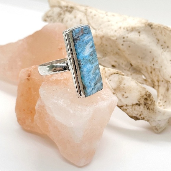 MEXICAN Laguna Lace Agate Sterling Silver Plate Crystal Ring - Picture 2 of 4